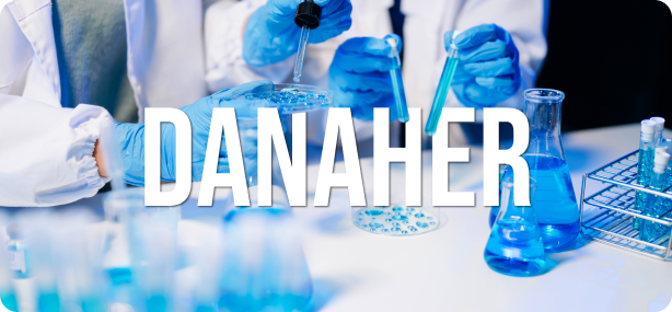 Scientists with blue gloves and equipment. The text "Danaher" is overlaid.